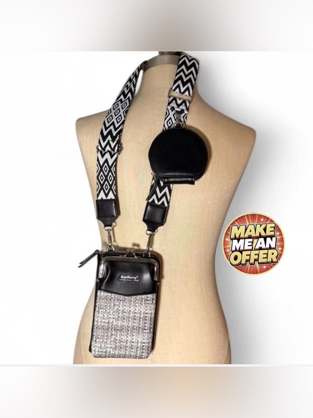 Brand New Black and White Crossbody Bag with Geometric Strap